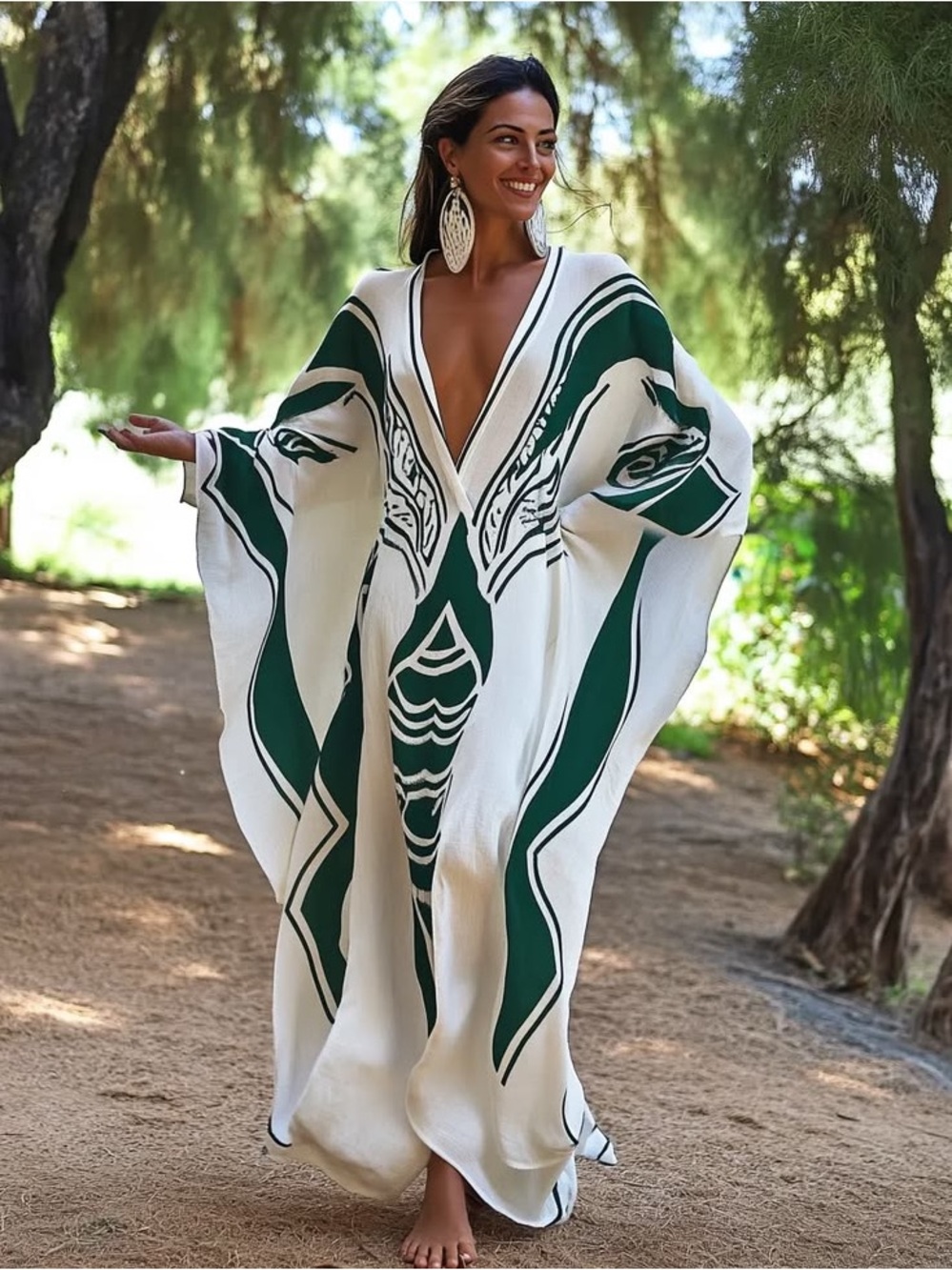 White Caftan with Dark Green Graphic Print